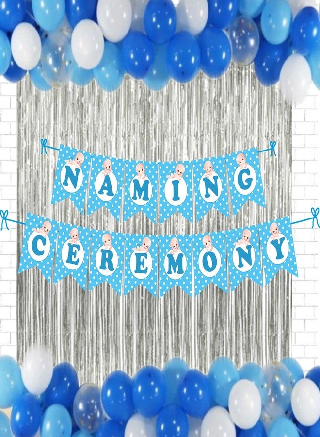 Untumble Naming/Baptism Ceremony Decoration Kit For Baby Boy|Blue Baby Boy Name Ceremony Kit With Naming Ceremony Banner, Silver Foil Curtain, & Balloons |Pack Of 42 - Image 1